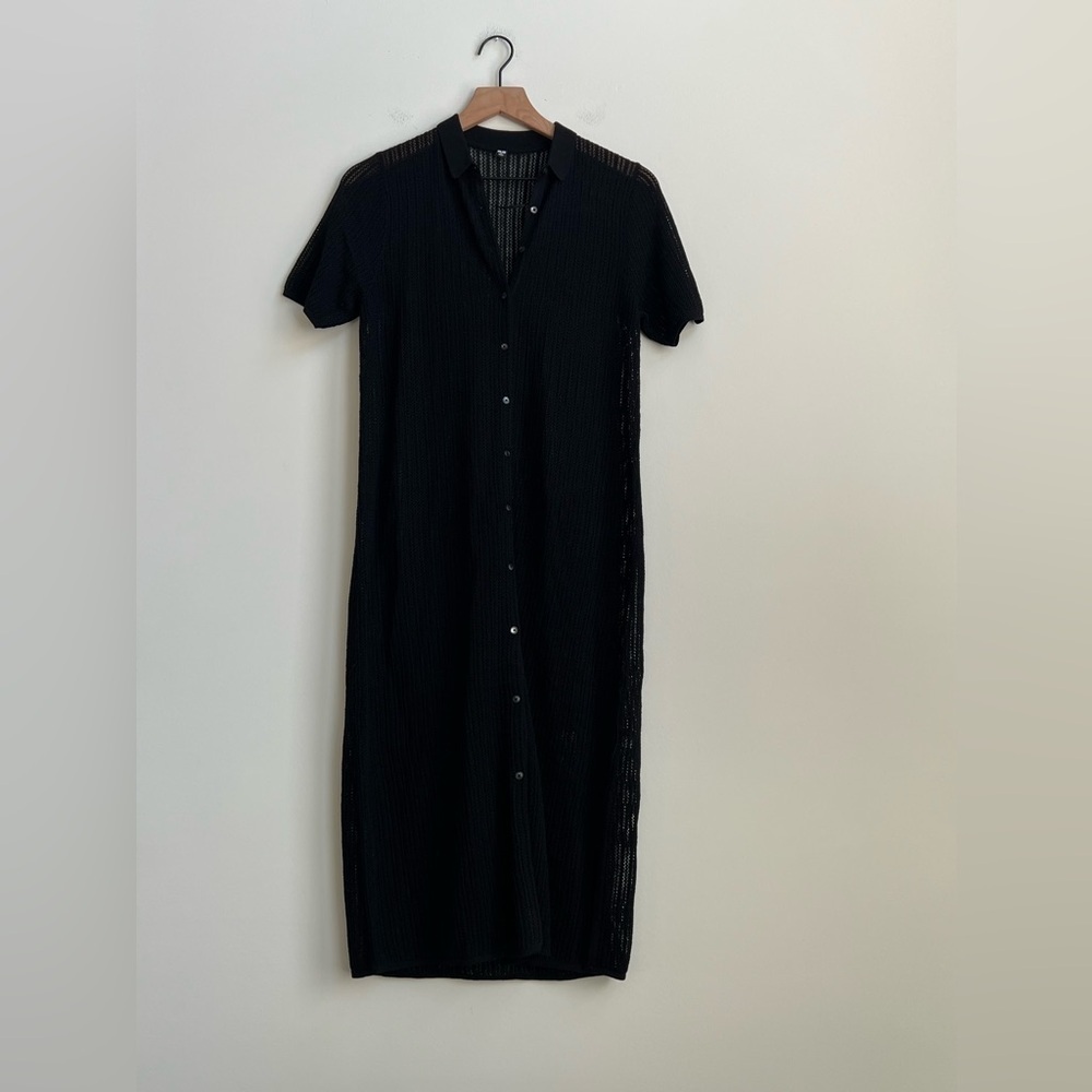 UNIQLO Lace Knit Dress Wool A-line Button Down Black  XS Open Knit midi collared - Picture 9 of 14